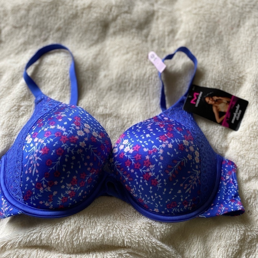 Women’s  padded Bleu flower Design Bra& Pantie Size 34 D New  With Tag